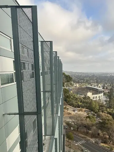 Exterior shot of a building with solar panels
