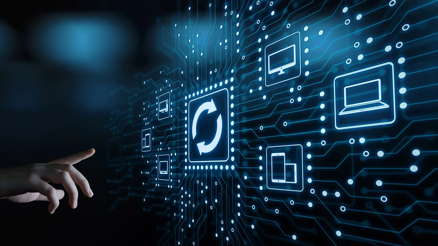 Hand with finger extended reaching towards a network of lines and icons, with a recycle icon in the center.