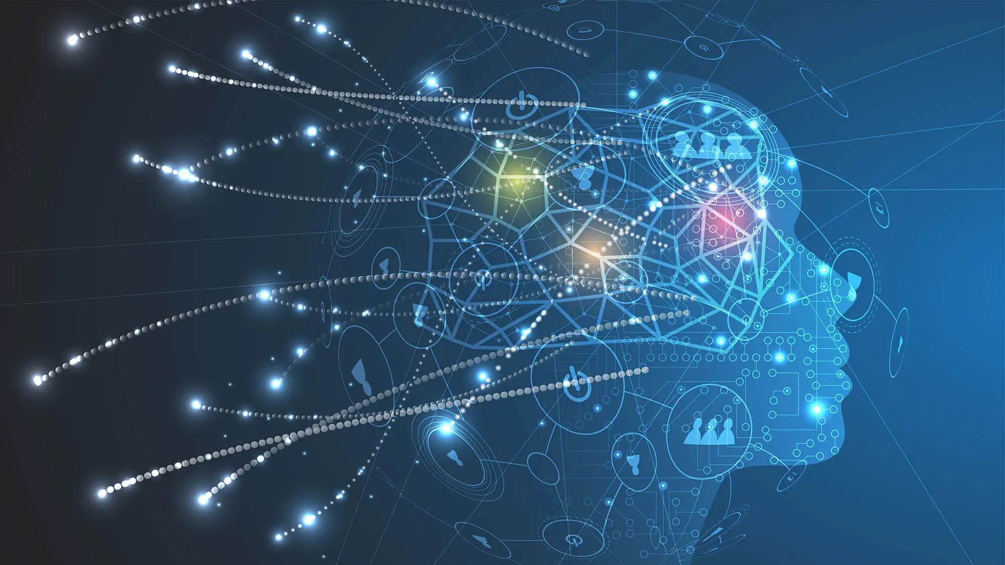 Stylized AI icons overlayed over a human head.